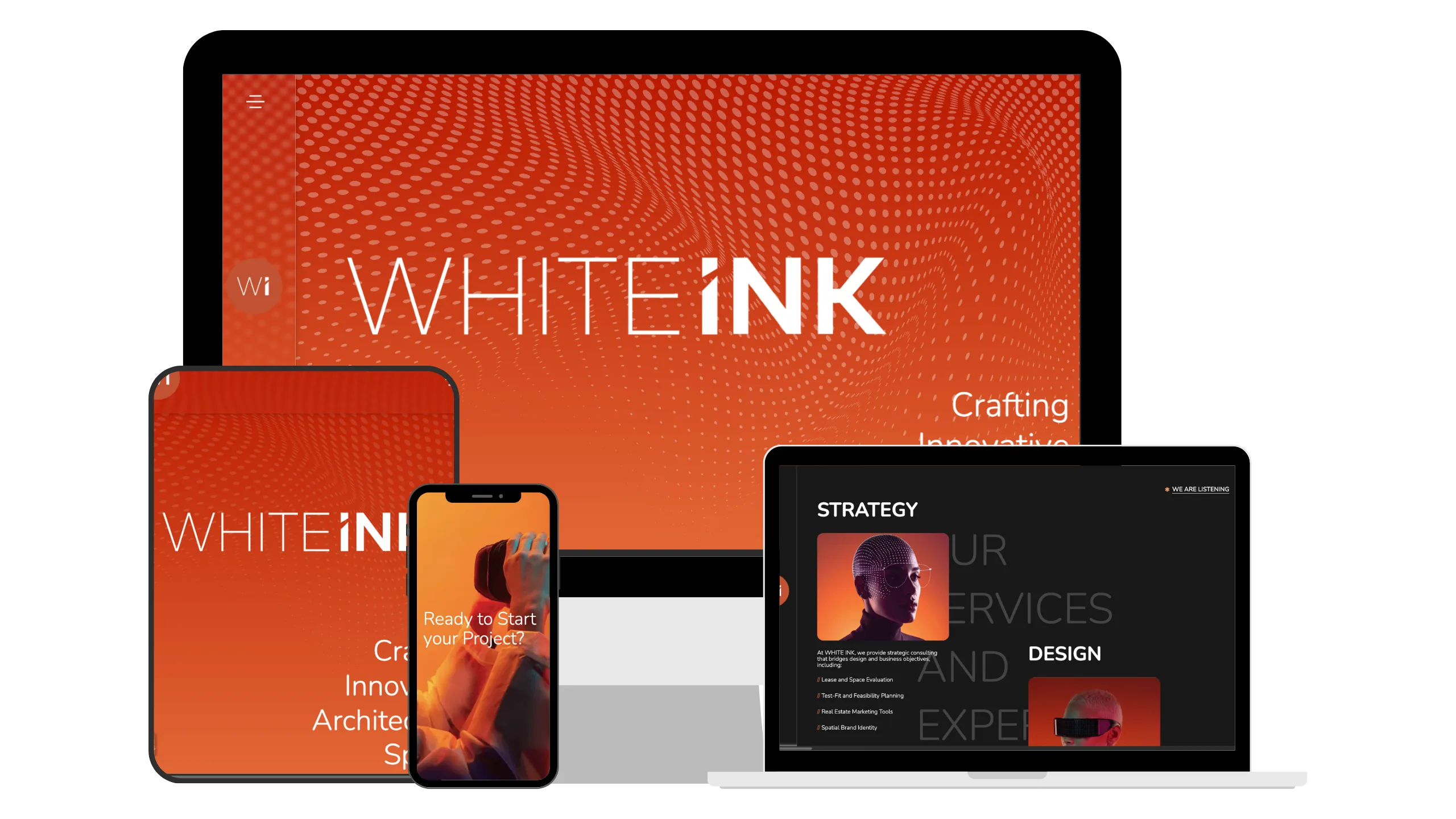 Digitale Geräte zeigen die Website White Ink mit orangem Design und Text zu Strategie und Projekten.