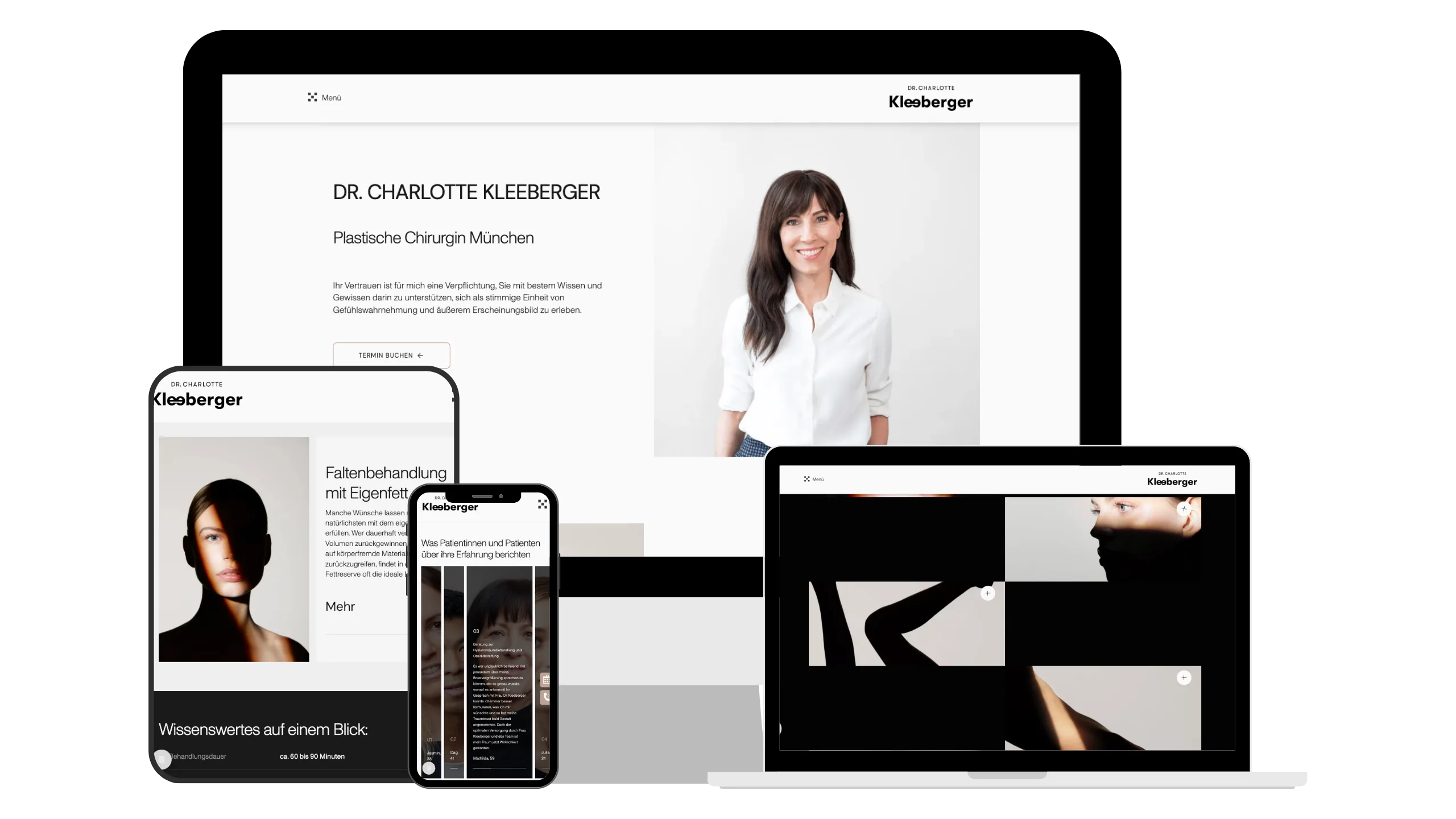 Verschiedene Geräte zeigen die Webseite von Dr. Charlotte Kleeberger, plastische Chirurgin in München.