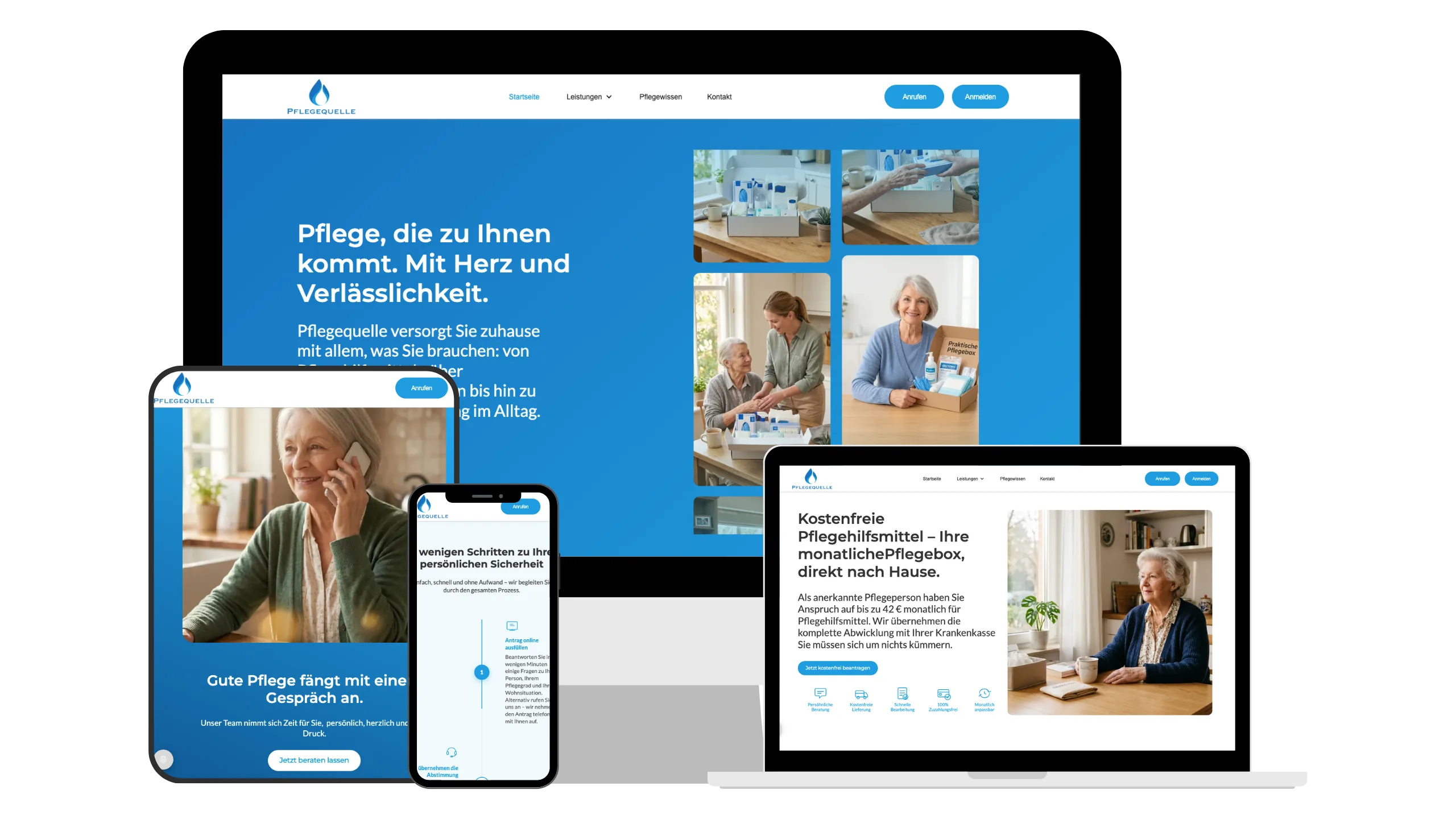 Pflegequelle Website auf Laptop, Tablet und Telefon zeigt Pflegeboxen und ältere Menschen am Telefon und Tisch.