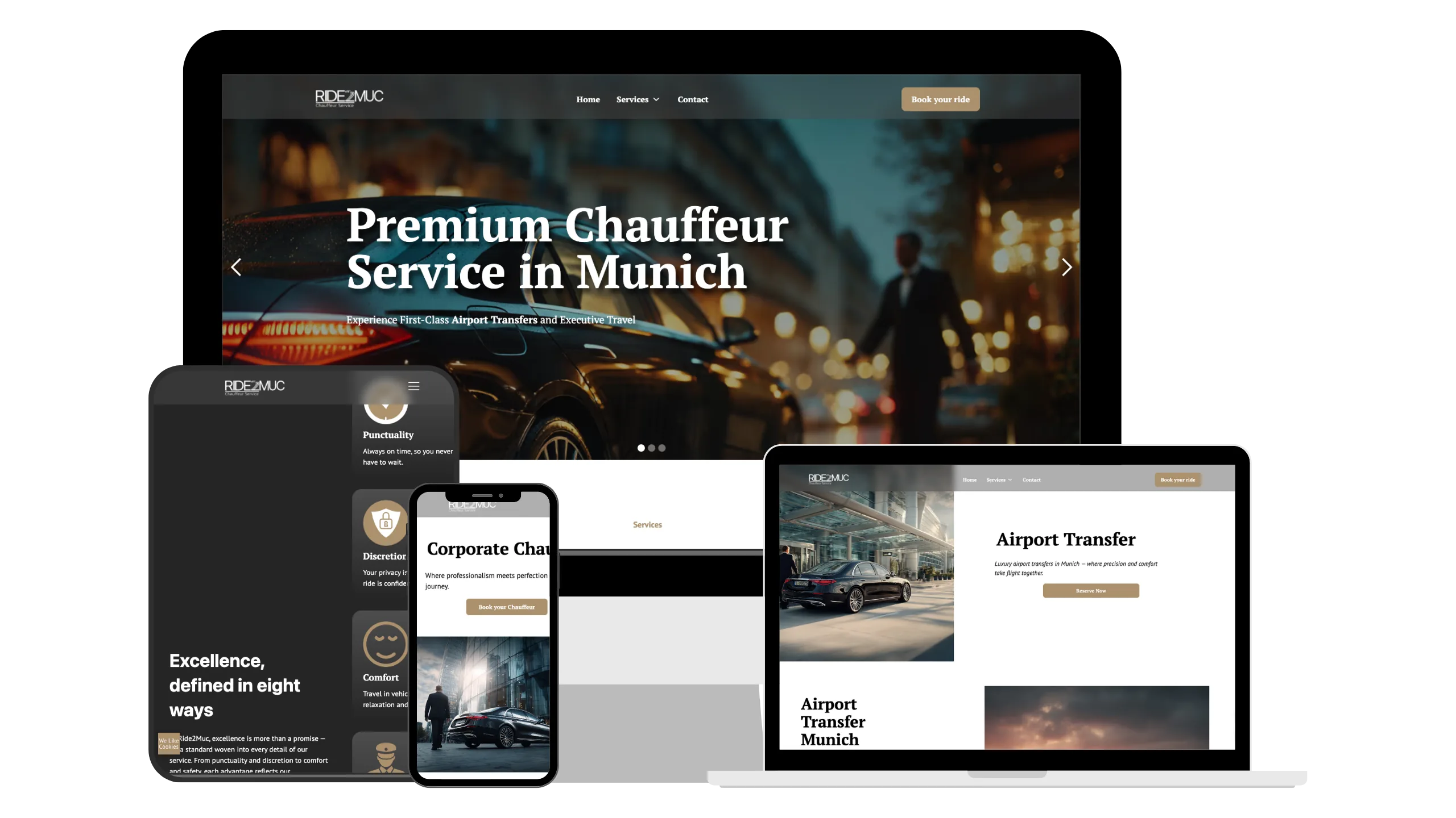 Website for premium chauffeur service in Munich displayed on desktop, tablet, and smartphone screens.