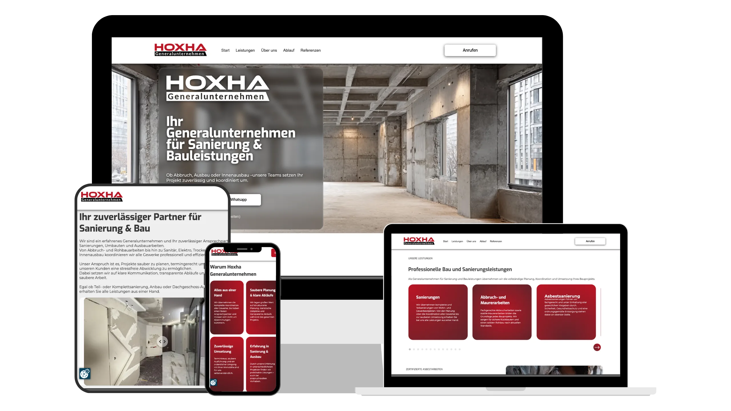 Website von HOXHA Generalunternehmen für Sanierung und Bau auf Desktop, Laptop, Tablet und Smartphone.